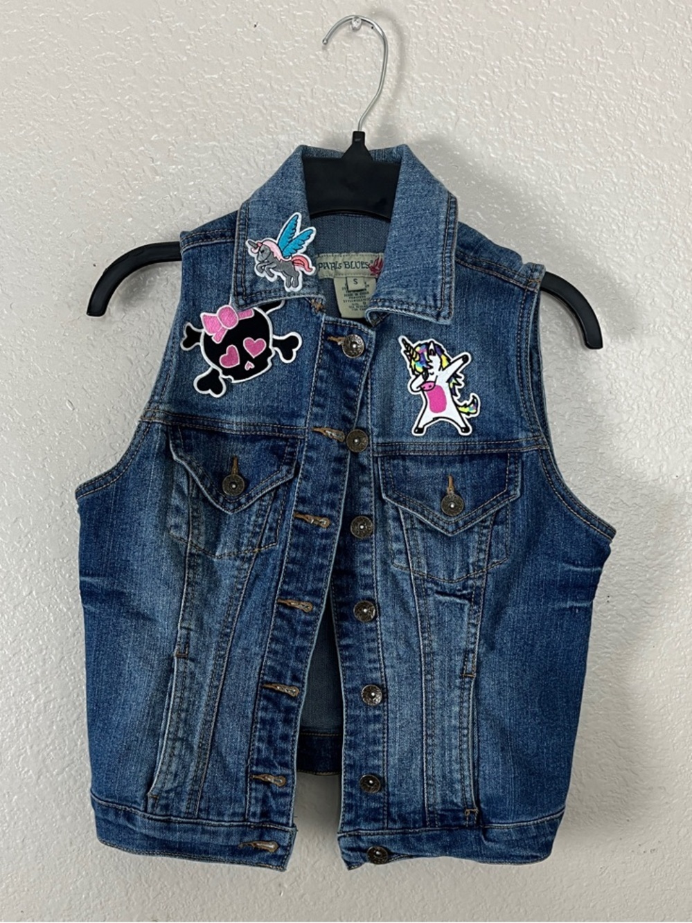 Paris Blues Girls' Denim Vest Cute Patch Accents Blue Sz S casual biker TC0716